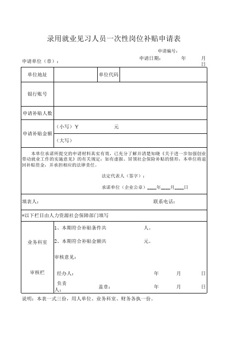 上海市录用就业见习人员一次性岗位补贴申请表