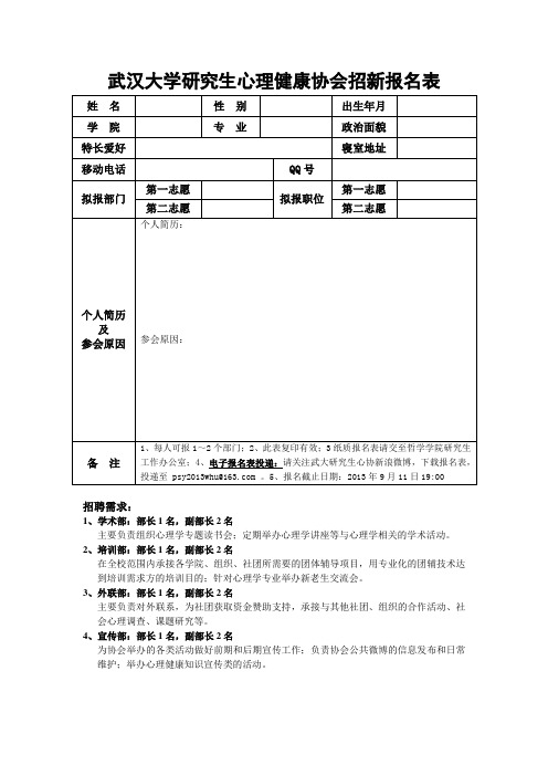 武汉大学研究生心理健康协会招新报名表