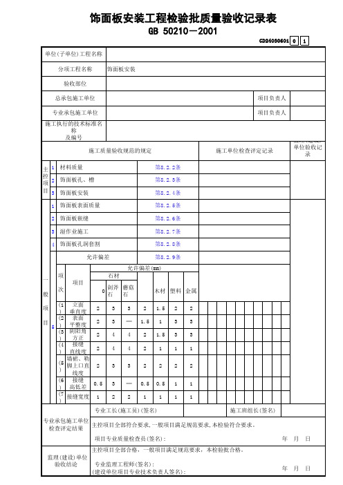 饰面板安装工程检验批质量验收记录表GD24030601