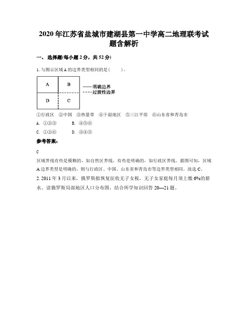 2020年江苏省盐城市建湖县第一中学高二地理联考试题含解析