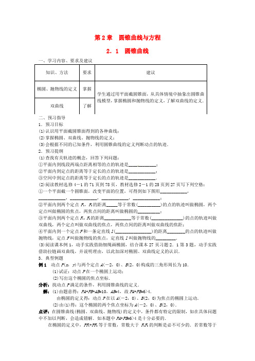 高中数学 第二章《圆锥曲线与方程》2.1圆锥曲线学案 新人教版选修2-1