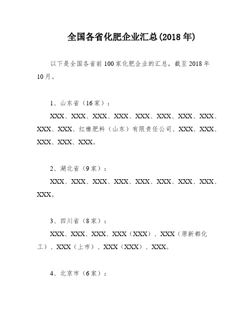 全国各省化肥企业汇总(2018年)