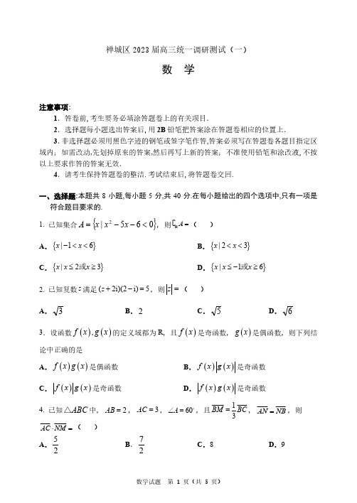 广东省佛山市禅城区2022-2023学年高三上学期统一调研测试(一) 数学试题含答案