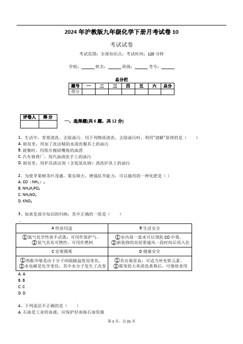 2024年沪教版九年级化学下册月考试卷10