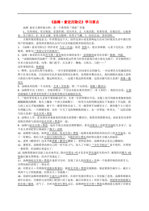 七年级语文上册 名著汤姆索亚历险记的要点 苏教版