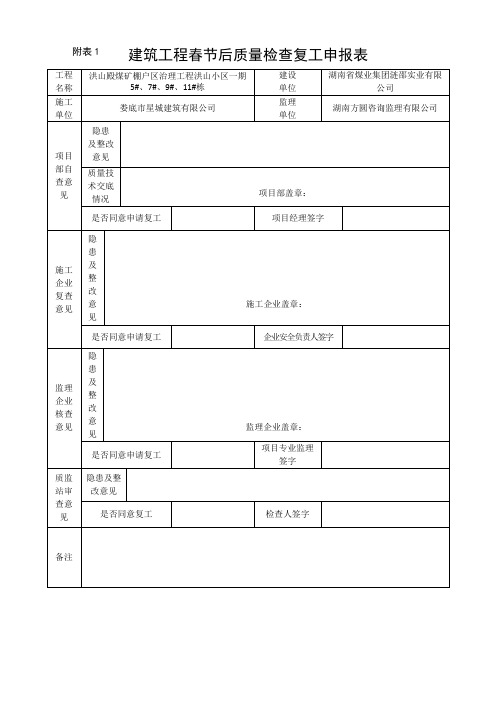 建筑工程春节后质量检查复工申报表