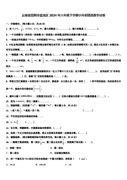 云南省昆明市盘龙区2024年六年级下学期小升初数学试卷含解析