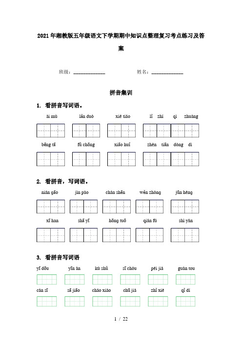 2021年湘教版五年级语文下学期期中知识点整理复习考点练习及答案