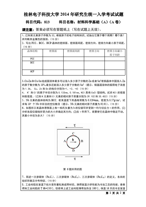 桂林电子科技大学2014年考研试题813材料科学基础(2014-A)