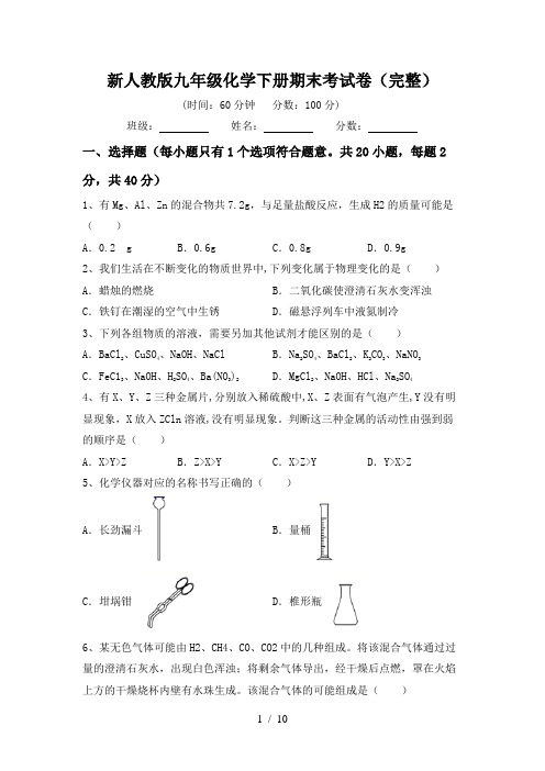 新人教版九年级化学下册期末考试卷(完整)