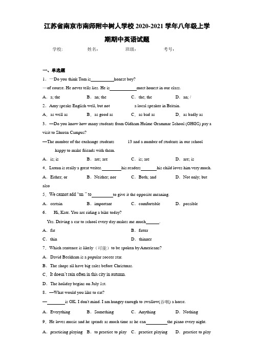 江苏省南京市南师附中树人学校2020-2021学年八年级上学期期中英语试题