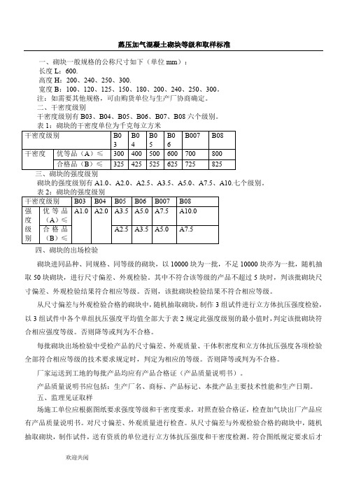 蒸压加气混凝土砌块等级和取样标准