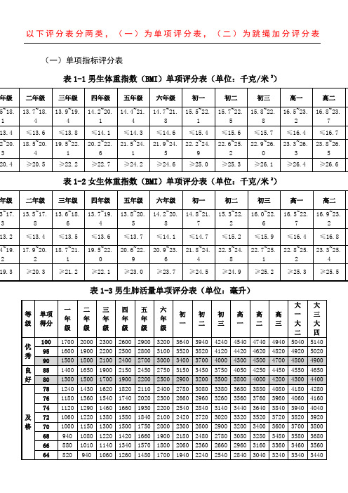 国家学生体质健康标准测试评分表格模板