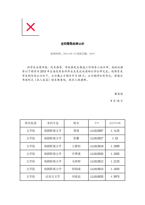 南大全校推免名单公示