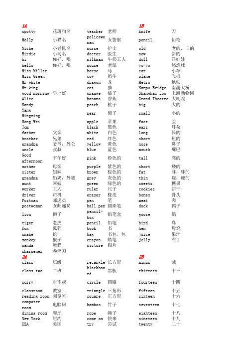 上海新世纪版小学英语单词1A-3A