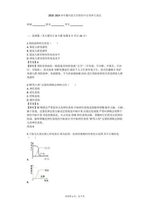 2023-2024学年初中生物鲁科版五四制七年级下第5单元 健康地生活单元测试(含答案解析)