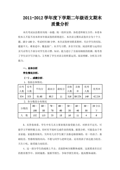 二年级语文期末检测质量分析2012年6月