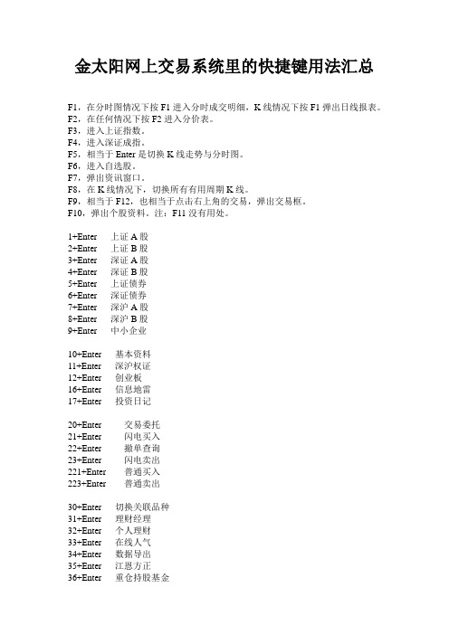 金太阳交易系统快捷键汇总