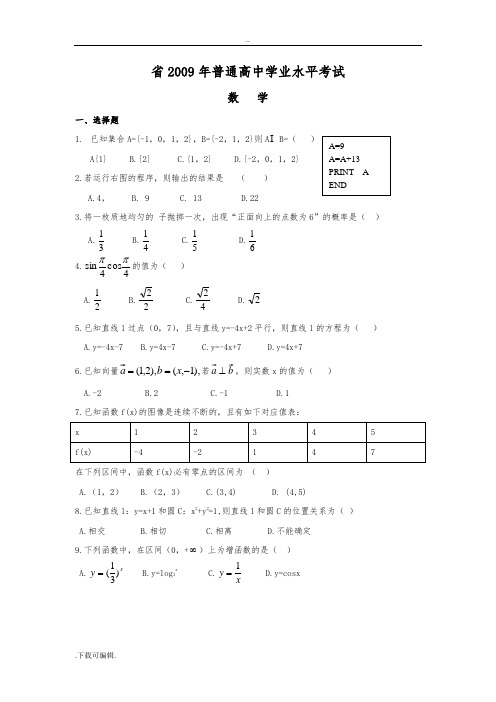 2009_2017年湖南省普通高中学业水平考试数学试题(卷)与答案