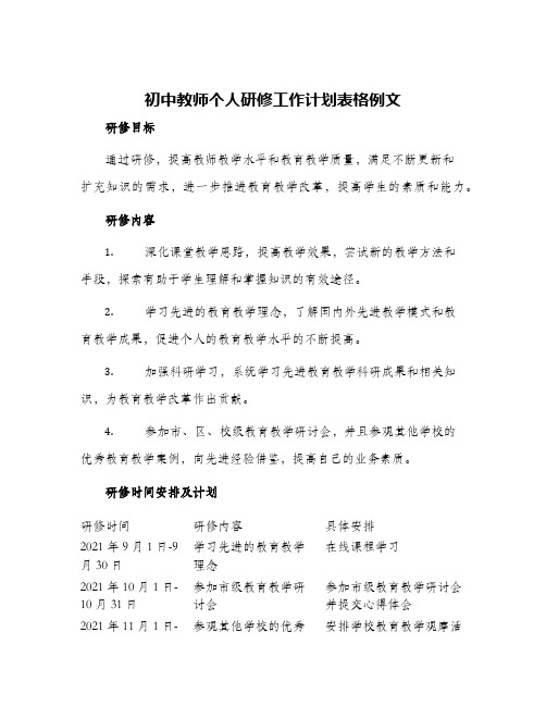 初中教师个人研修工作计划表格例文