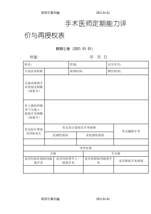 手术医师定期能力评价与再授权表之欧阳引擎创编