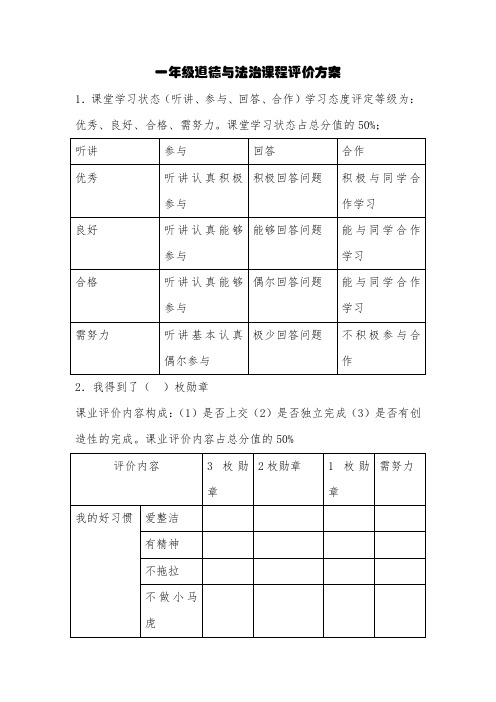 一年级道德与法治期末评价方案