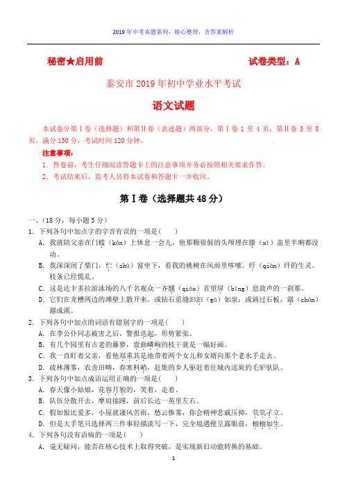 【2019年中考真题系列】2019年山东省泰安市中考语文真题试卷及答案