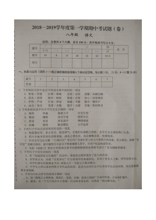 2018-2019学年第一学期八年级语文上册期中试卷(图片版 含答案)