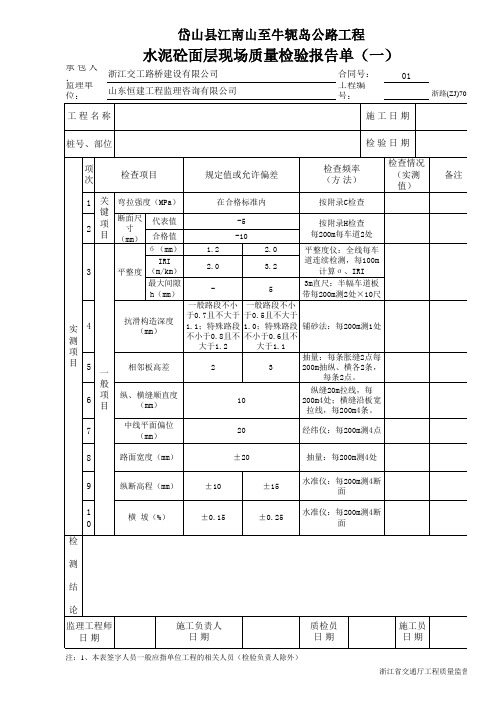 水泥砼面层现场质量检验报告单(一)