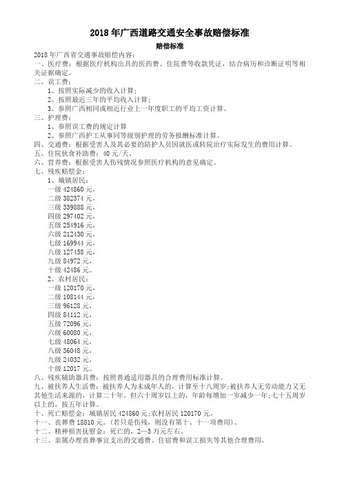 2018年广西道路交通安全事故赔偿标准