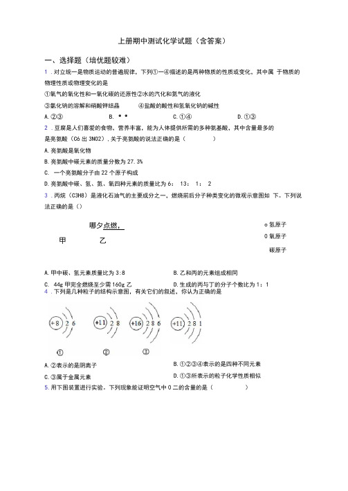 初三化学上册期中测试化学试题(含答案)