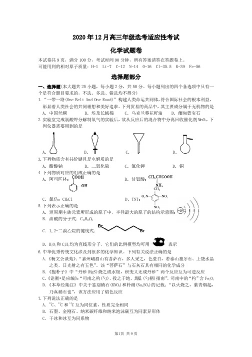 浙江省重点中学2021届高三上学期12月选考适应性考试化学试卷含答案