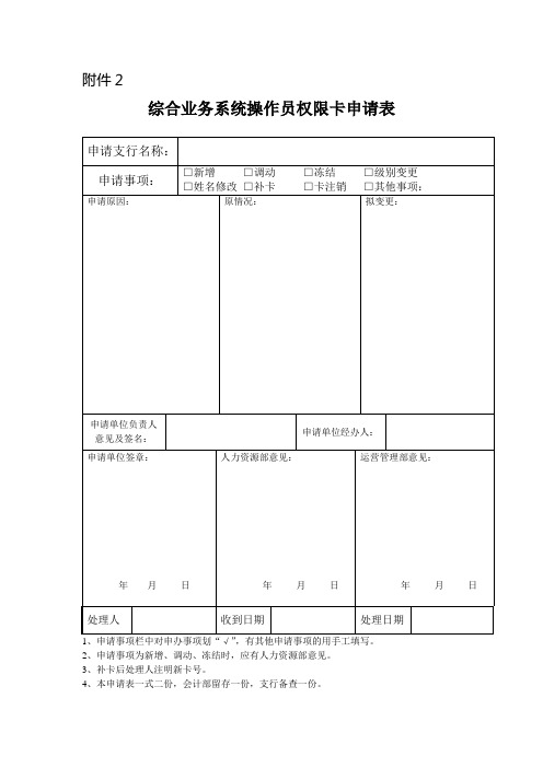 综合业务系统操作员权限卡申请表