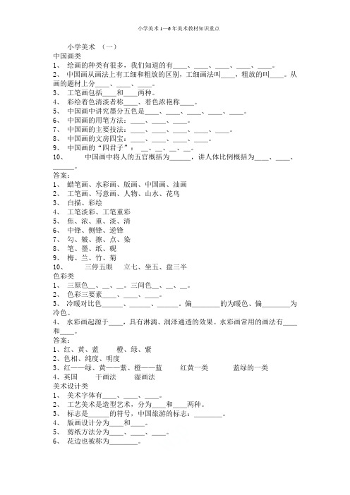 小学美术1—6年美术教材知识重点