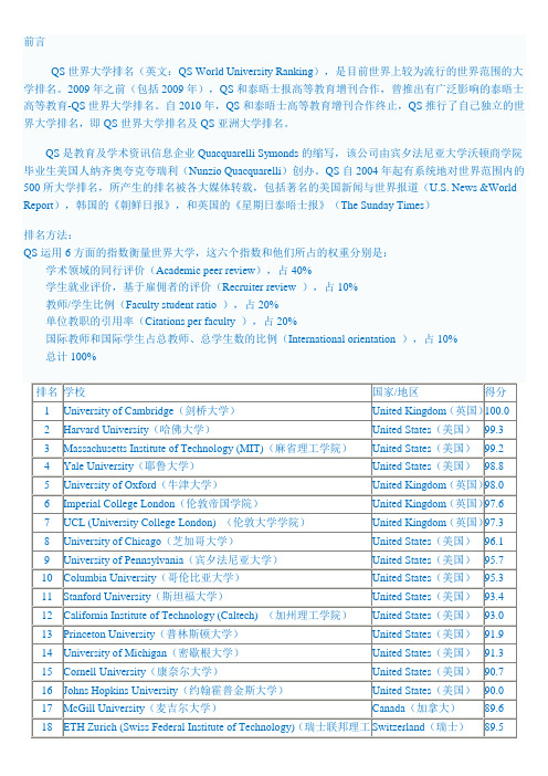 2011QS世界大学排名TOP100(中英对照版)