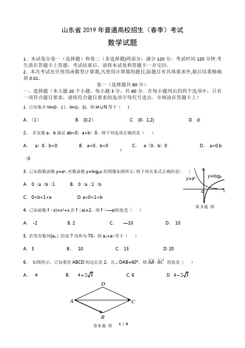 2019年山东省春季高考数学试题及答案