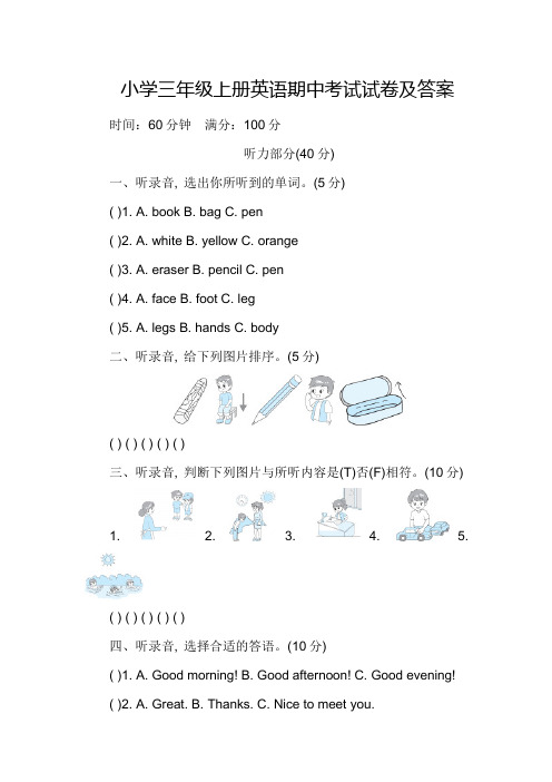 小学三年级上册英语期中考试试卷及答案