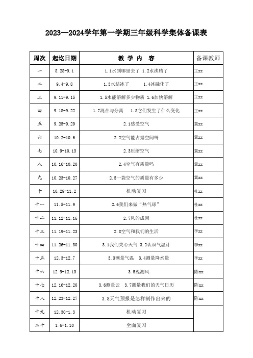 教科版三年级科学上册教案集体备课表