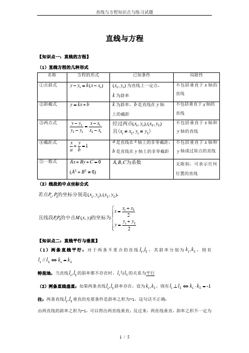 直线与方程知识点与练习试题