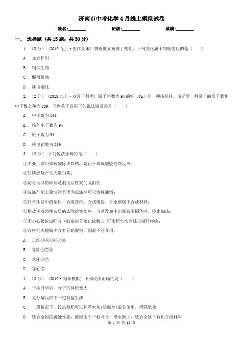 济南市中考化学4月线上模拟试卷