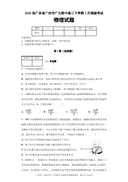 2020届广东省广州市广大附中高三下学期3月理综考试物理试题及答案解析