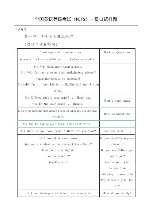 全国英语等级考试(pets)一级口试样题