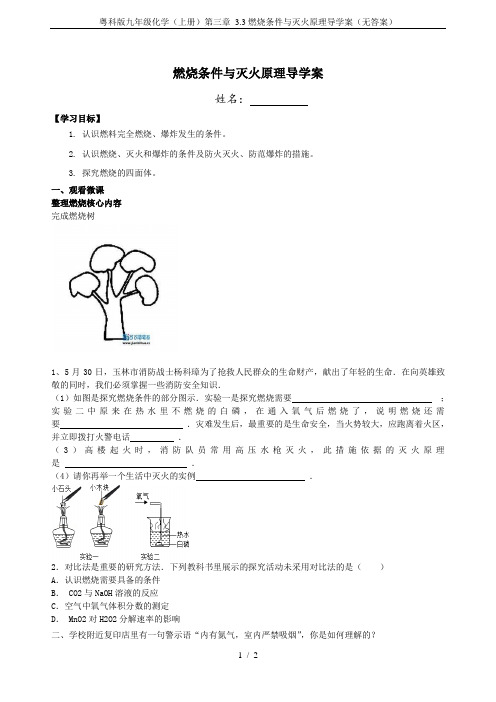 粤科版九年级化学(上册)第三章 3.3燃烧条件与灭火原理导学案(无答案)