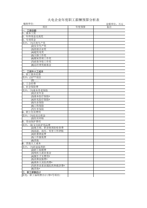 火电企业职工薪酬预算分析表