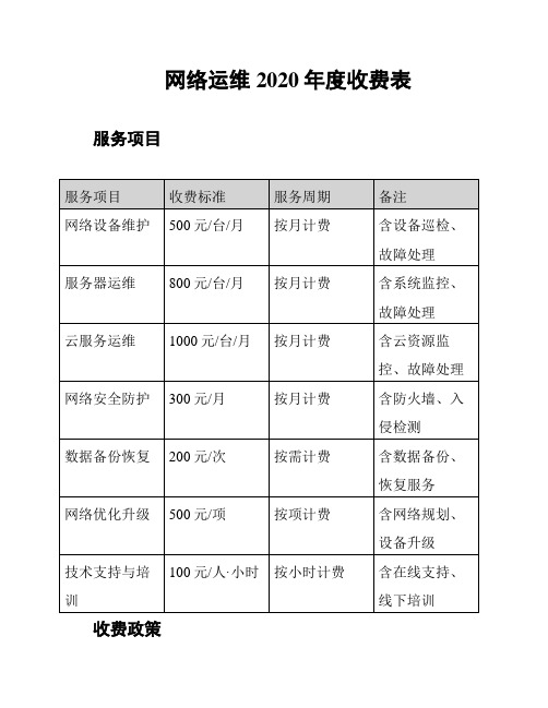 网络运维2020年度收费表