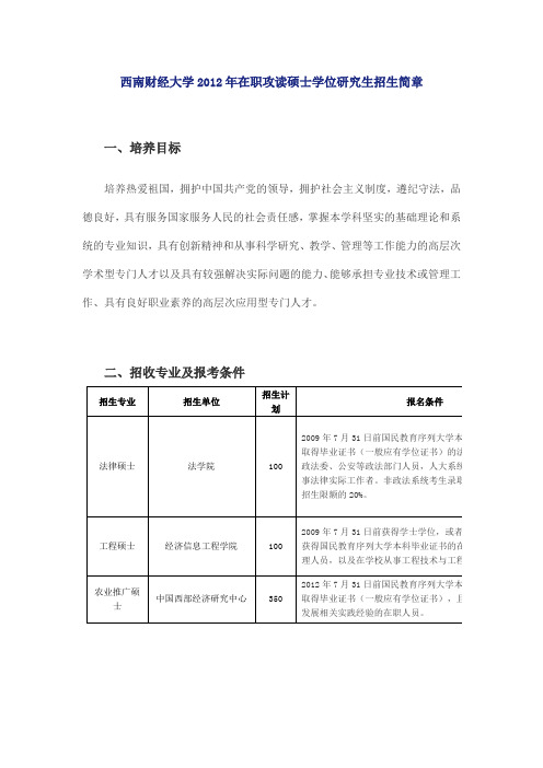 2012年在职人员攻读硕士专业学位研究生招生简章-西南财经大学