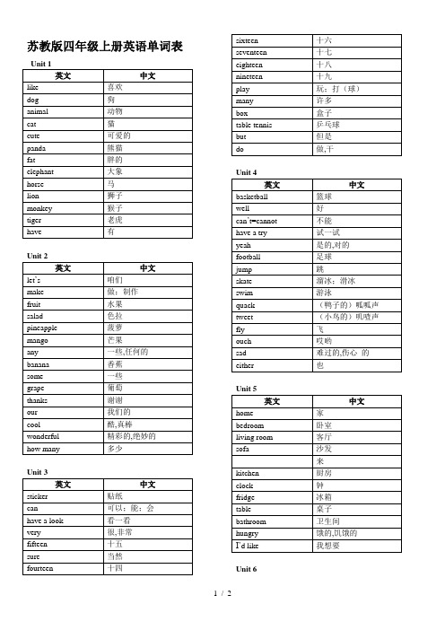 苏教版四年级上册英语单词表