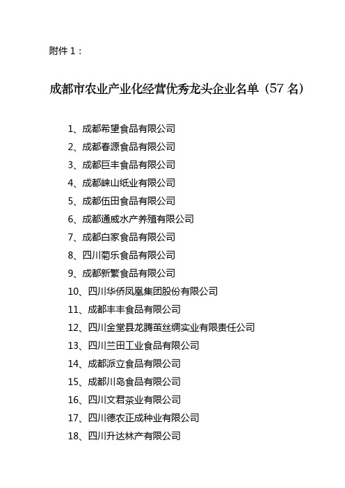 成都市农业产业化经营优秀龙头企业名单(57名)