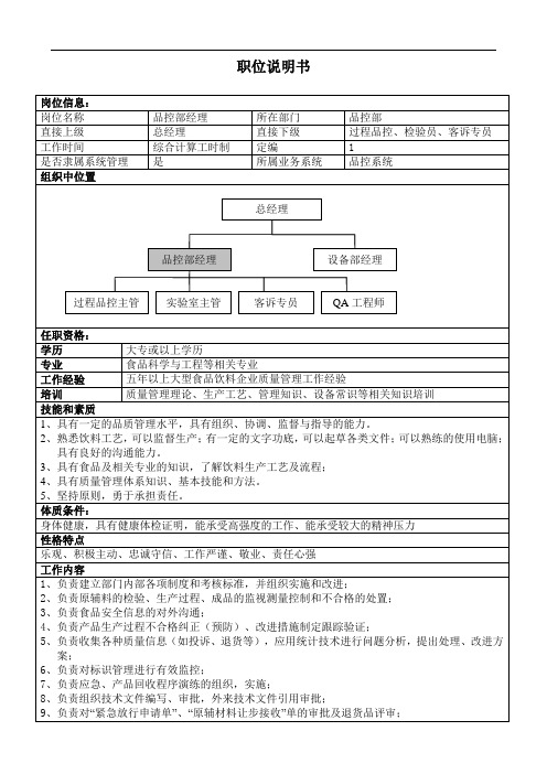 品控部经理职位说明书