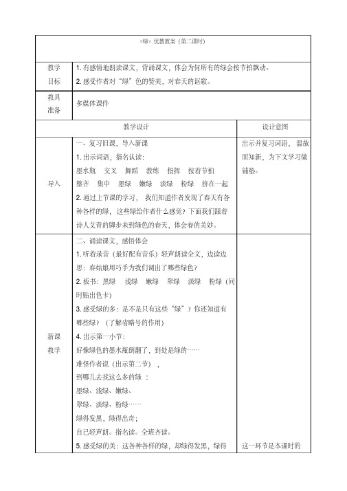 最新人教版四年级语文下册《绿》精品教案(第二课时)-